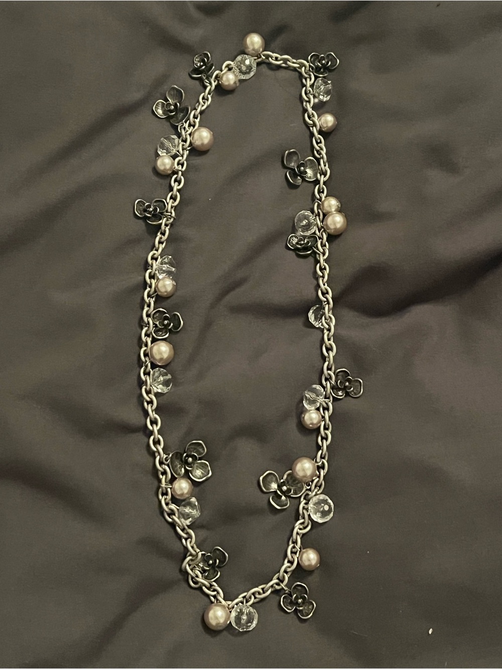 Unk Silver-Tone Chain Necklace with Faux Pearls & Clear Crystal Drops